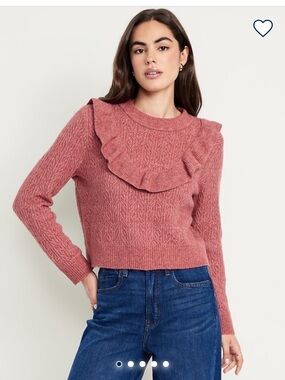 Old Navy Wool-Blend Rose Ruffle-Yoke Cable Knit Crew Sweater